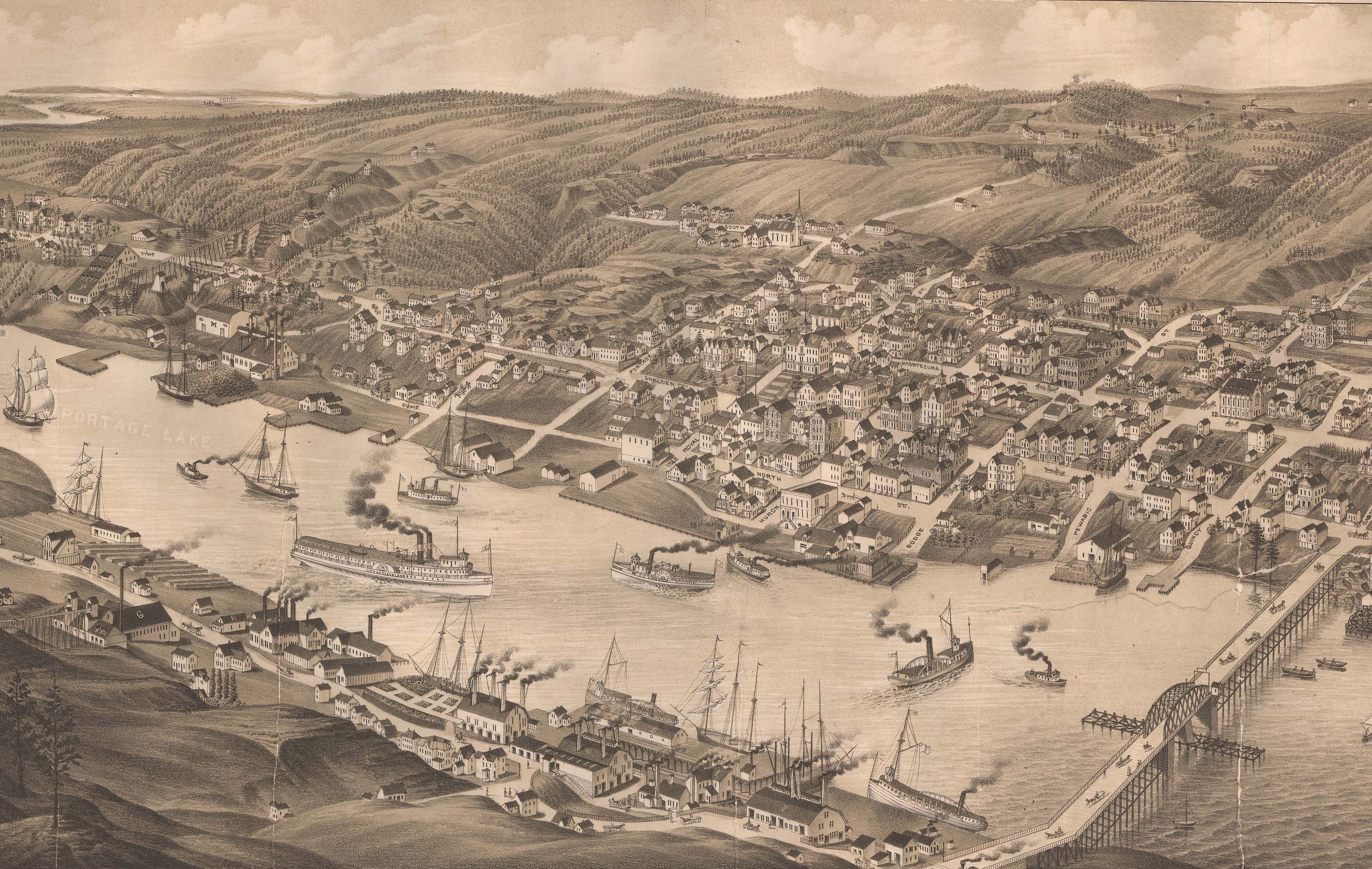 Birds eye view map of Houghton, Michigan from 1881.