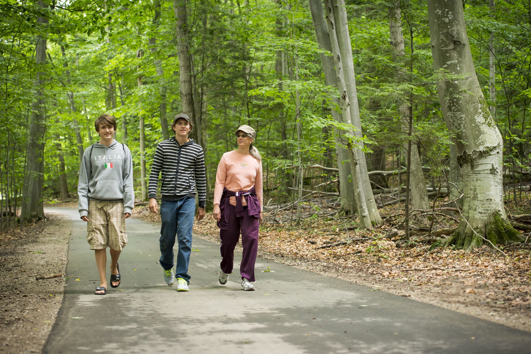 Three people walking side by side up a paved forest pathway.