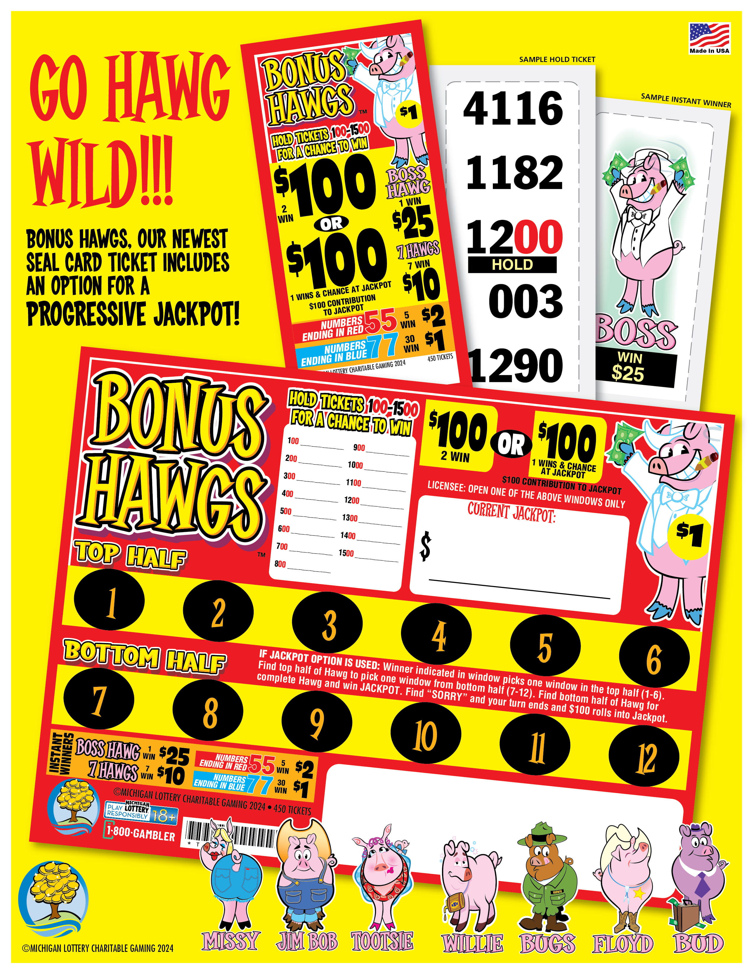 $1 Charity Game Ticket Bonus Hawgs Flyer with front of ticket, inside of ticket, and seal card with characters on hold tickets
