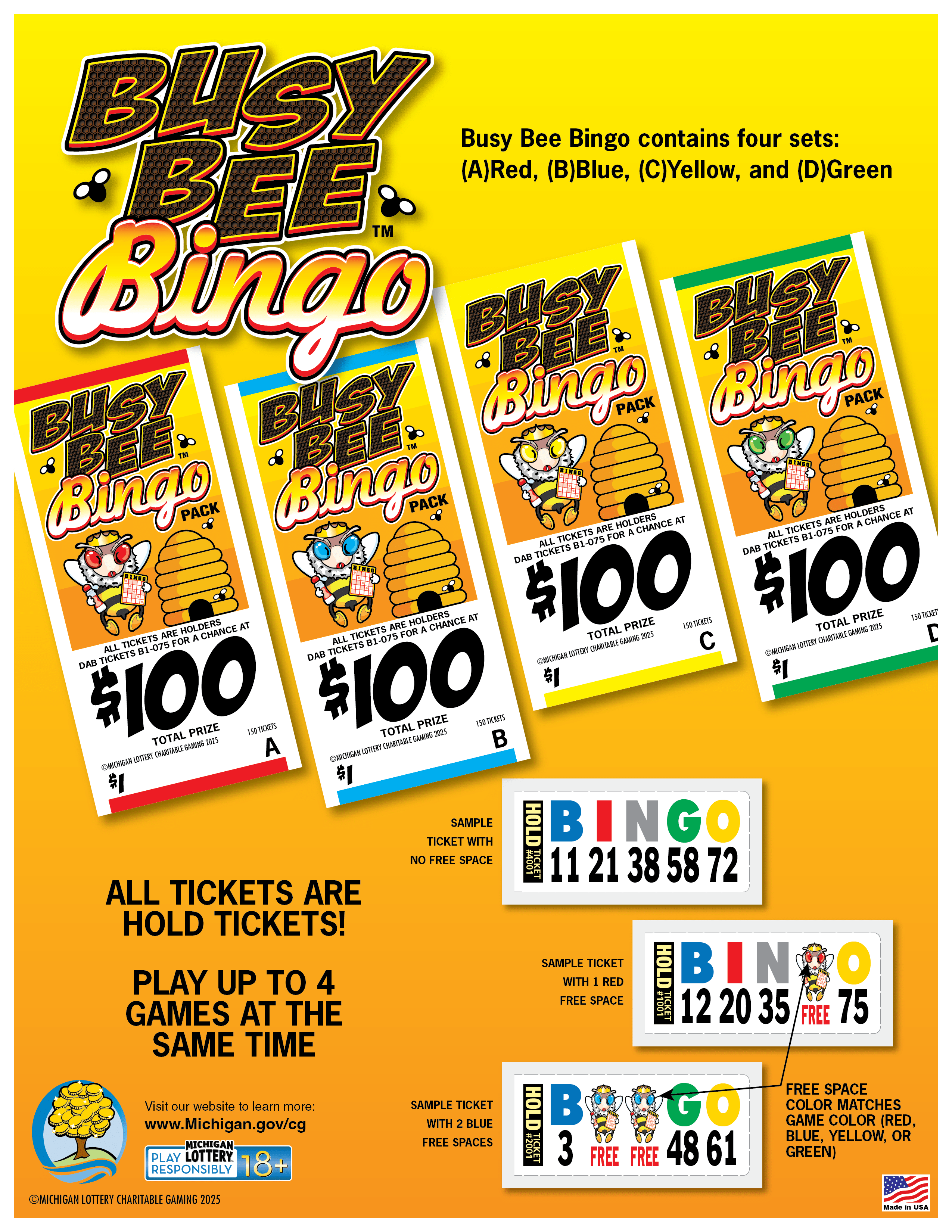 $1 Charity Game Ticket Busy Bee Bingo flyer that has all four sets A red, B blue, C yellow, D green shown.  The inside of the ticket with bingo numbers is shown.  The ticket says Busy Bee Bingo and has a bee and hive pictured.