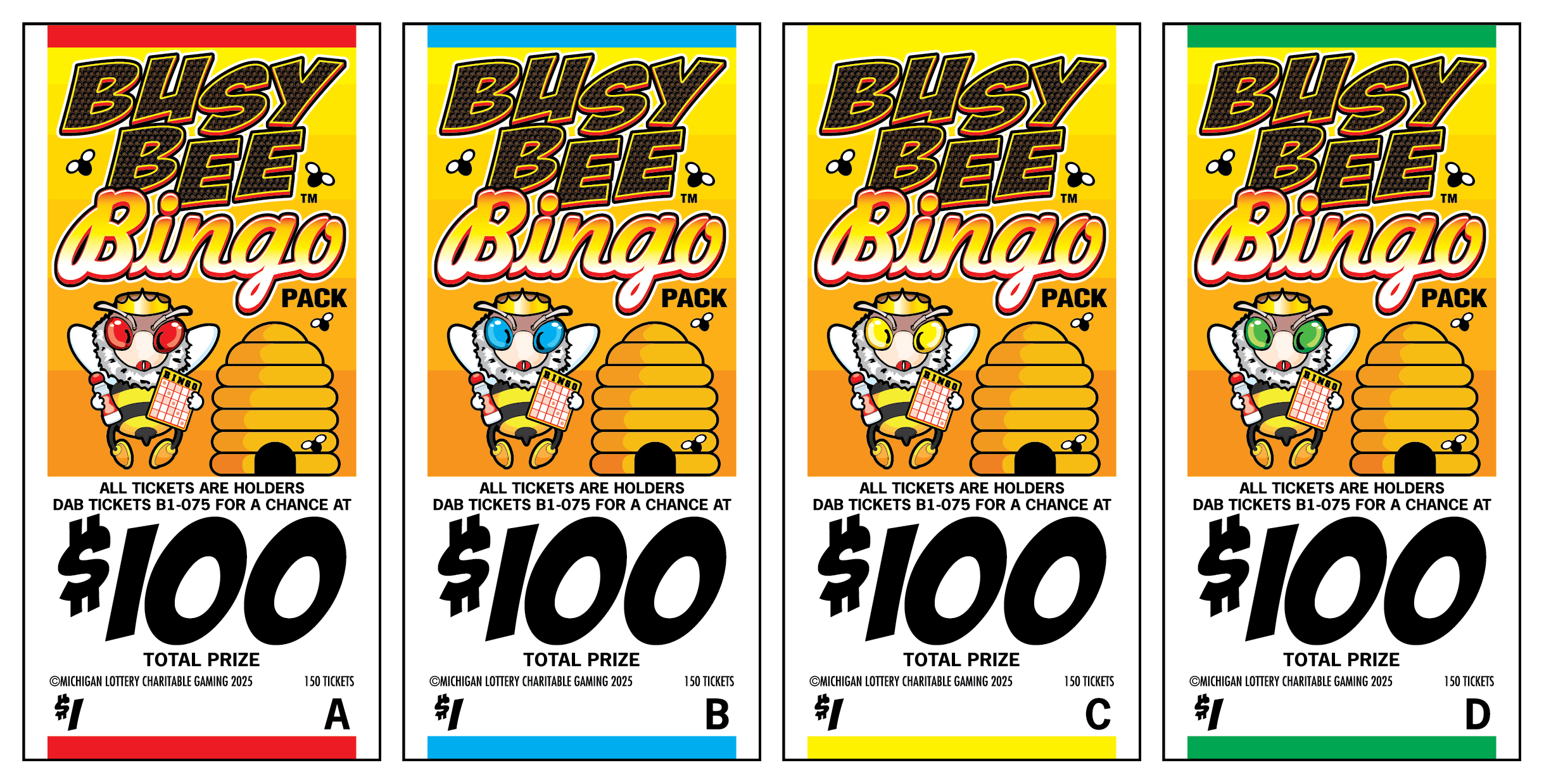 $1 Busy Bee Bingo tickets four colors that come in a pack-red, blue, yellow, and green.  Yellow ticket with the words Busy Bee Bingo.  A beehive and bee with top winning amount $100.