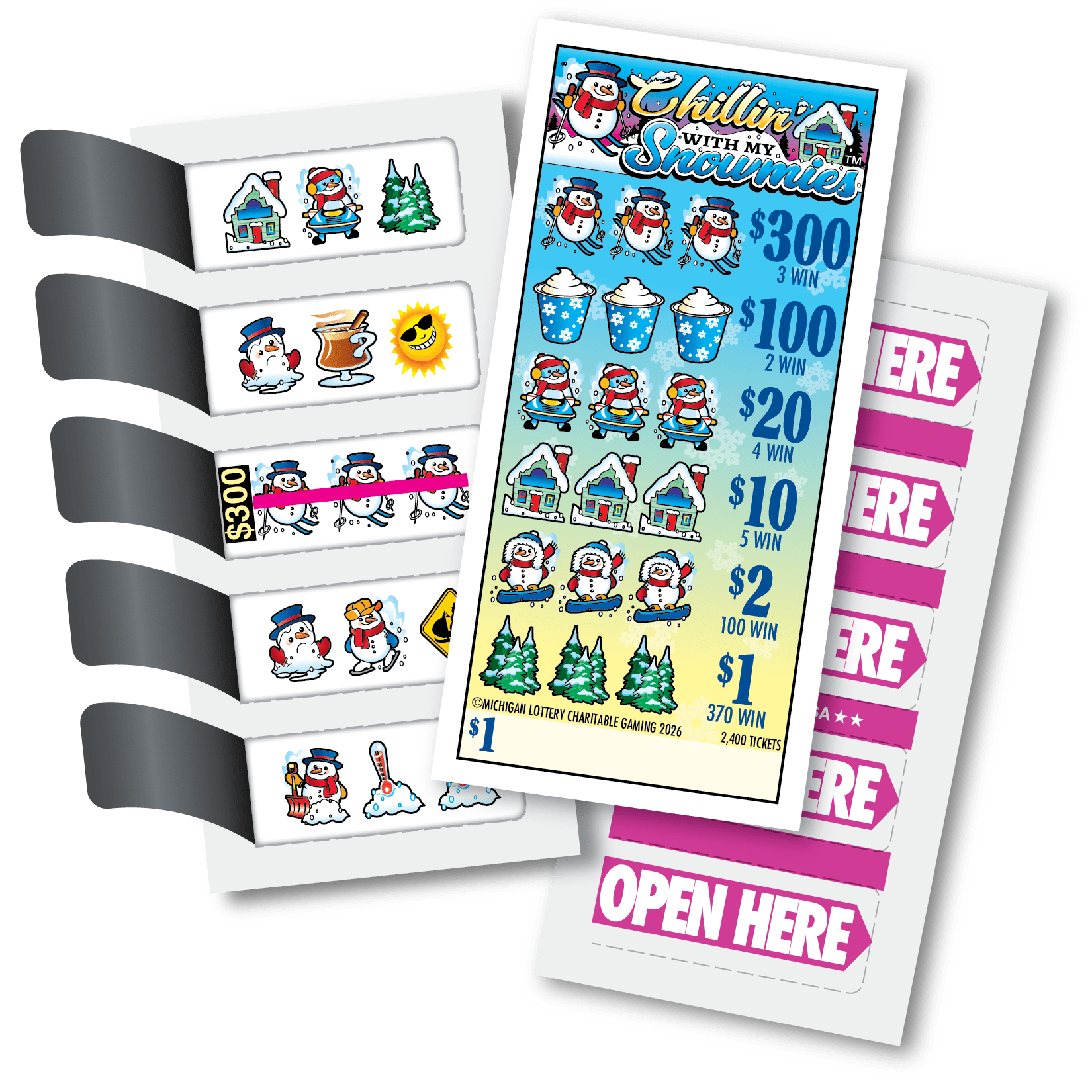 $1 Chillin With My Snowmies shows front of ticket with prizes and snowman winter weather scene  and inside open ticket with a winning combo