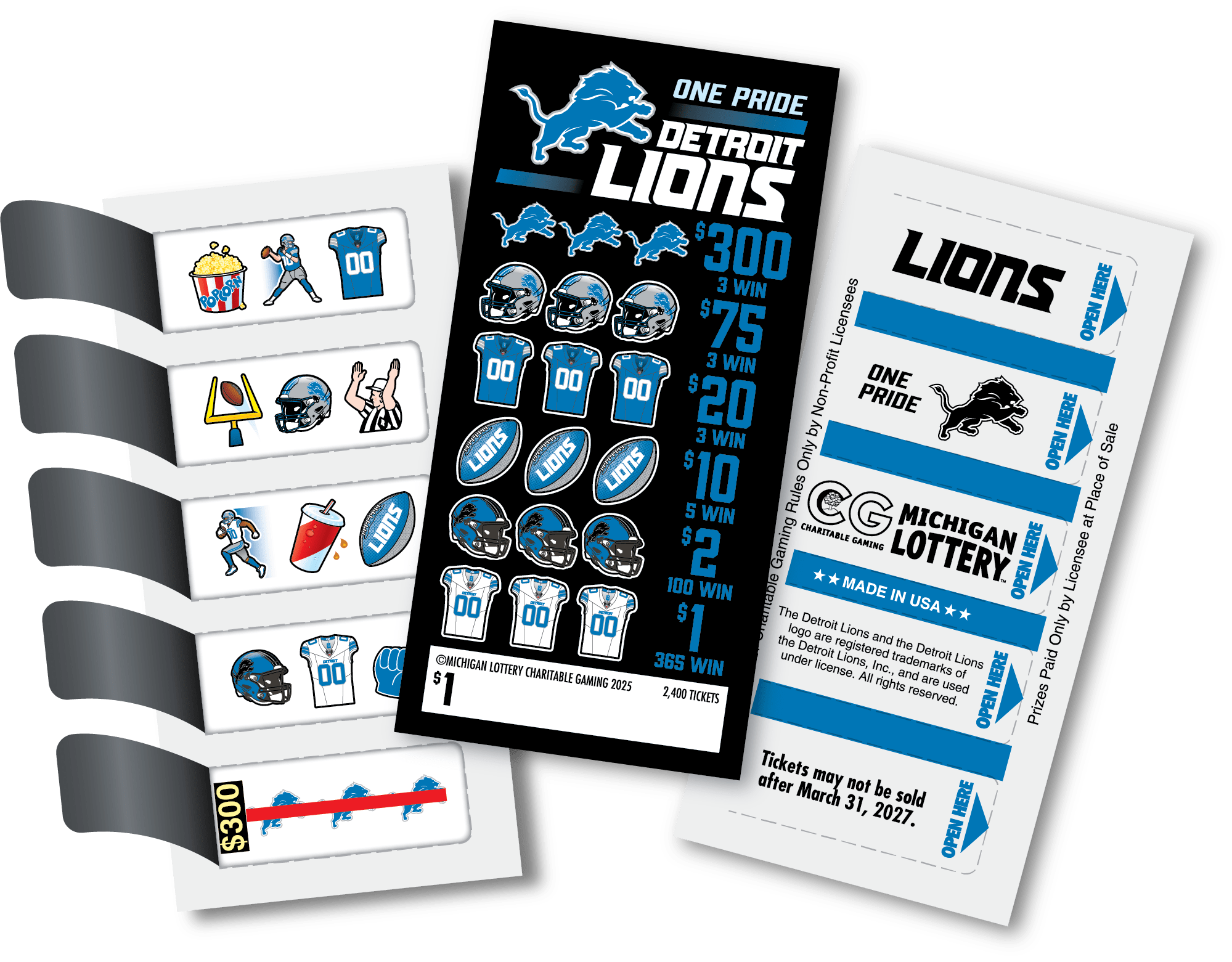 Detroit Lions $1 Charity Game Ticket-front of ticket has black background with blue football and Detroit Lions symbols-back of ticket opened displays winning and non-winning symbols, back of the ticket closed is white with blue and black lettering and has the Detroit Lions One Pride symbol and Michigan Lottery Charitable Gaming Symbol