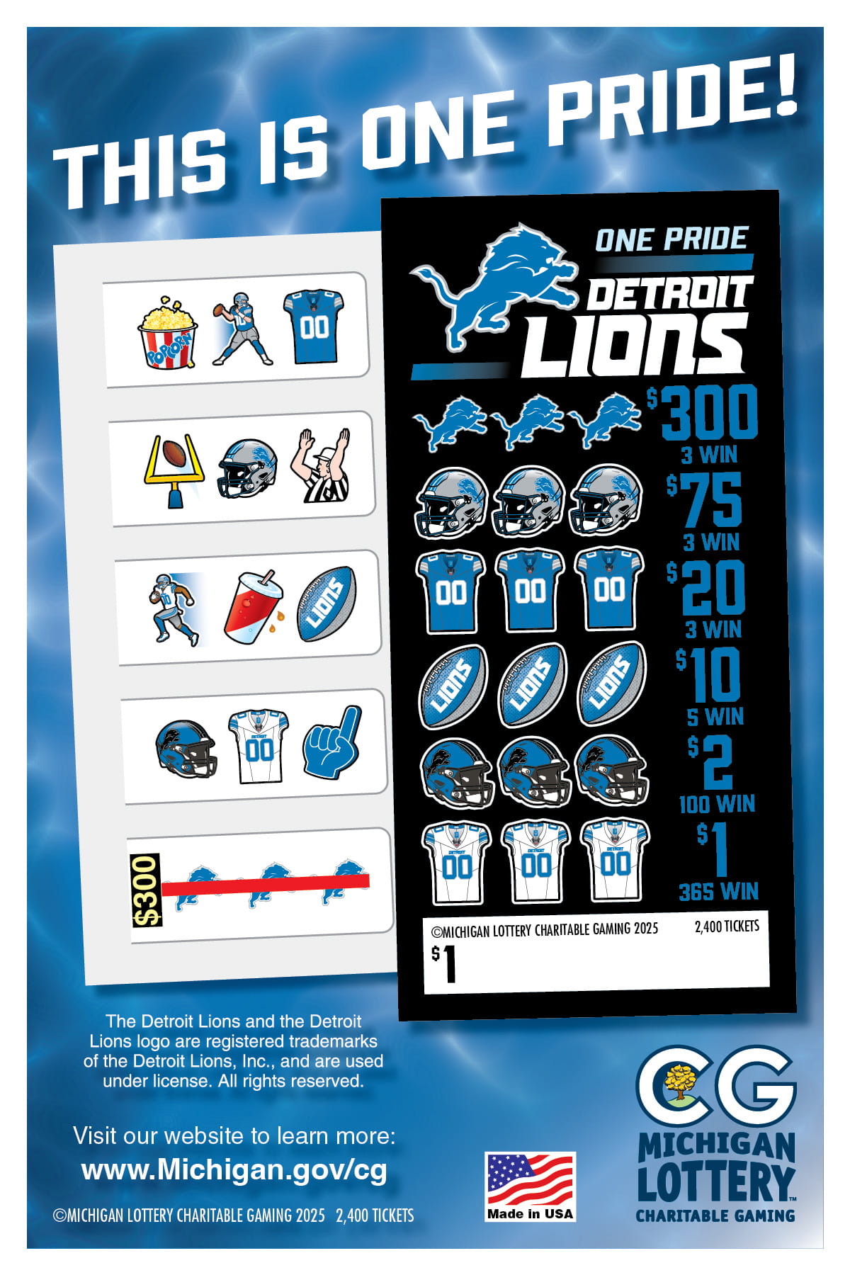 Detroit Lions Charity Game Ticket black background with blue football and Detroit Lions symbols on a post card-displays front and back of this $1 ticket