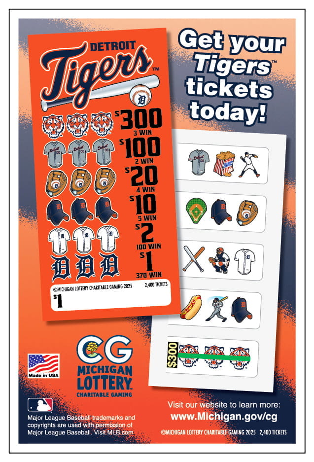 $1 Detroit Tigers™ Charity Game Ticket example picture of ticket face and inside on a post card with orange and blue striped background