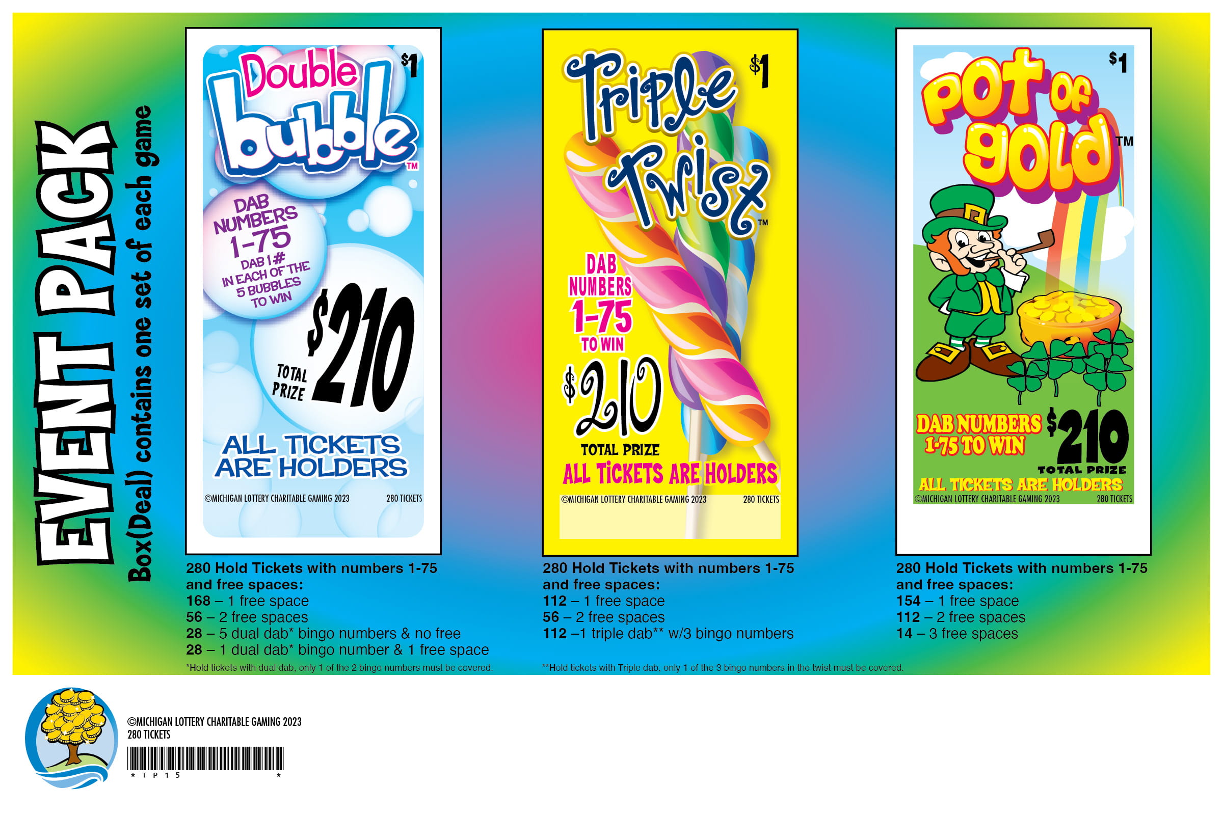 Event Pack flare card for charity game tickets-three pack-Double Bubble, Triple Twist, Pot of Gold