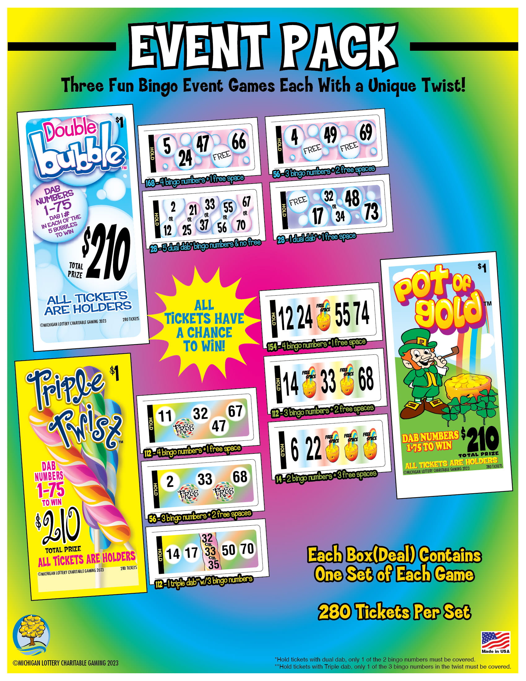 Event Pack Charity Game Tickets Three pack-Double Bubble, Pot of Gold, Triple Twist