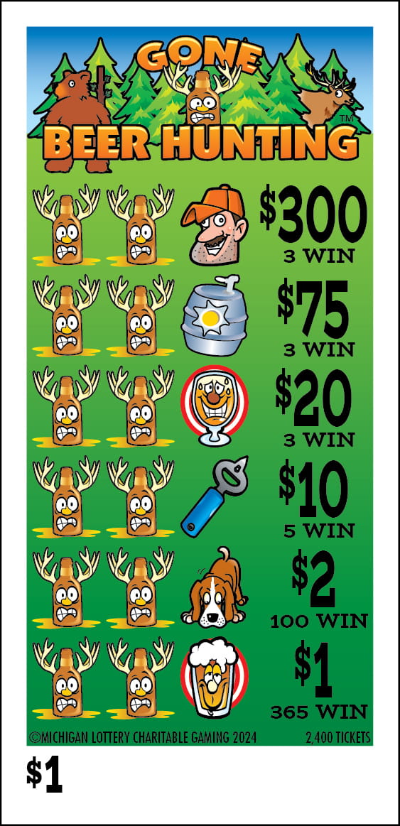 Gone Beer Hunting face of charity game ticket $1 mostly green and orange with bottles with antlers and hunters 
