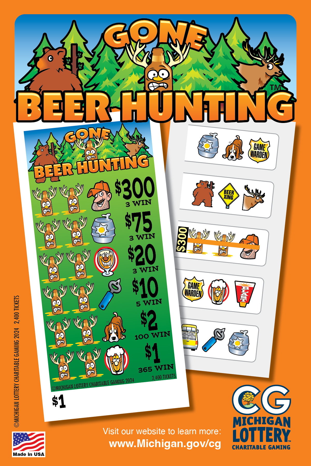Gone Beer Hunting post card with inside and front of ticket displayed $1 Charity Game Ticket