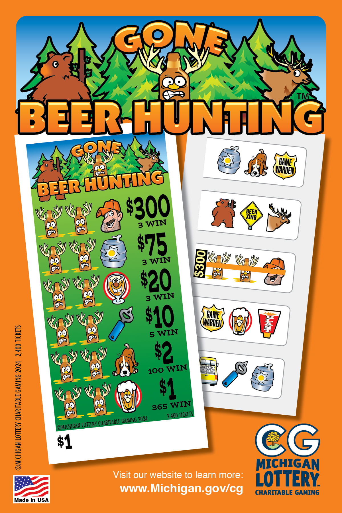 Gone Beer Hunting post card with inside and front of ticket displayed $1 Charity Game Ticket