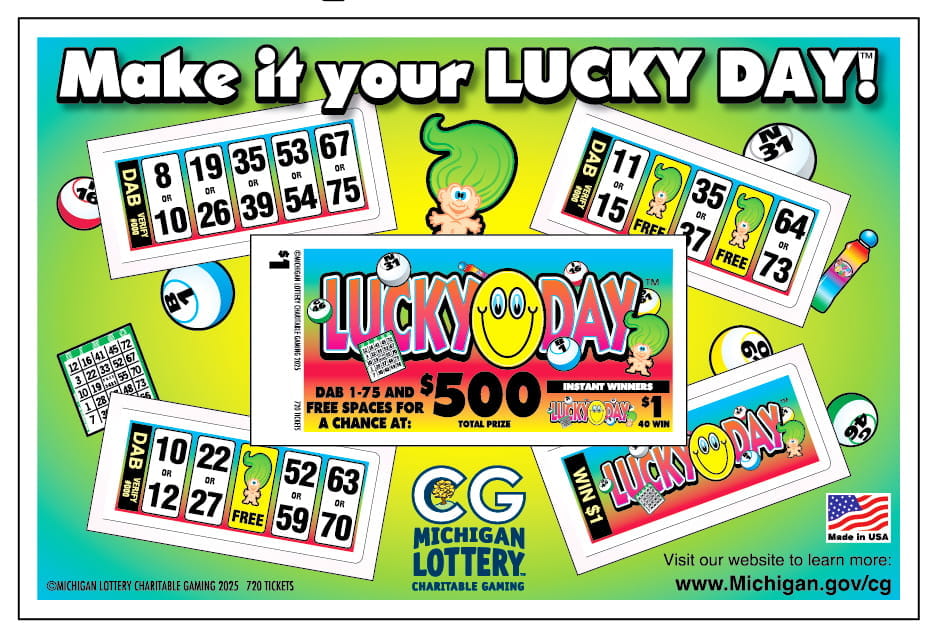 $1 Lucky Day Charity Game Ticket post card front, troll doll with green hair, a yellow smiley face between Lucky and Day, bingo balls, total prize of $500