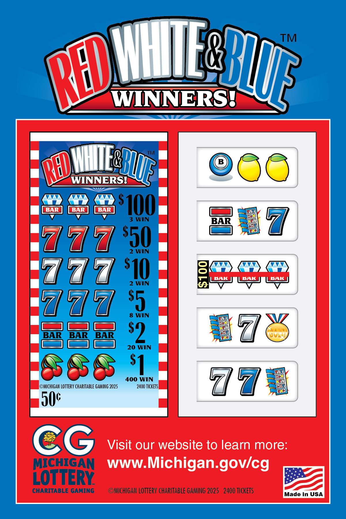 Post card for Red, White and Blue Winners! Charity Game Ticket with winning symbols, payouts, and inside and front of ticket displayed