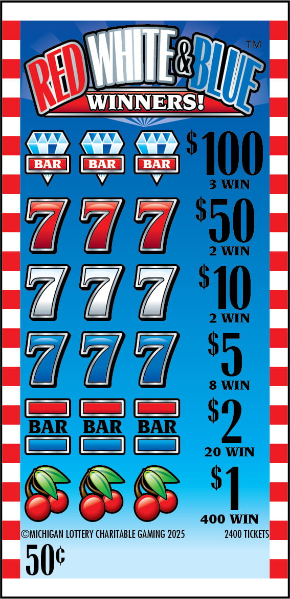 Charity game ticket Red, Whie, and Blue Winners! ticket face with winning symbols and payouts