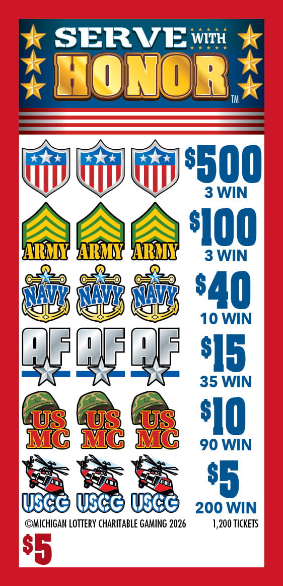 $5 Charitable Gaming pull tab ticket "Serve with Honor" white background with red edges. Starting at the top of the ticket and going down.  It has a blue top with three gold stars on each side of the top with words "Serve with Honor" in the middle.  Winning symbols for $500 winners are three badge shaped emblems with red and white at the bottom and blue with white stars on top.  Winning symbols below are for $100 winners. Three patch shaped army badges with a green background, three yellow stripes and the word Army at the bottom of each.  Three symbols below are for 10 winners of $40.  The symbols are yellow anchors with the word Navy in blue and a small star above the word Navy in the top middle of the anchor. The next set of three winning symbols is for 35 winners of $15. The symbols are the letters A and F in large bubble character in a silver/gray color with a matching star below the letters and a blue line behind each star.  The next line is for 90 winners of $10. These are army hats with green and brown camouflage. The letters US in red with yellow outline and MC in the same colors just below US.  The final winning combination line is for 200 winners of $5.  The three emblems are helicopters shaded in red and white with the letters USCG below each one.  The letters are white with blue outlining. The words below are copyright at Michigan Lottery Charitable Gaming 2026.  1,200 tickets $5 