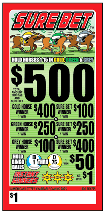$1 Sure Bet face of the ticket. Horses racing.  Red outlined around the ticket with green grass colored background. Prize amounts listed.