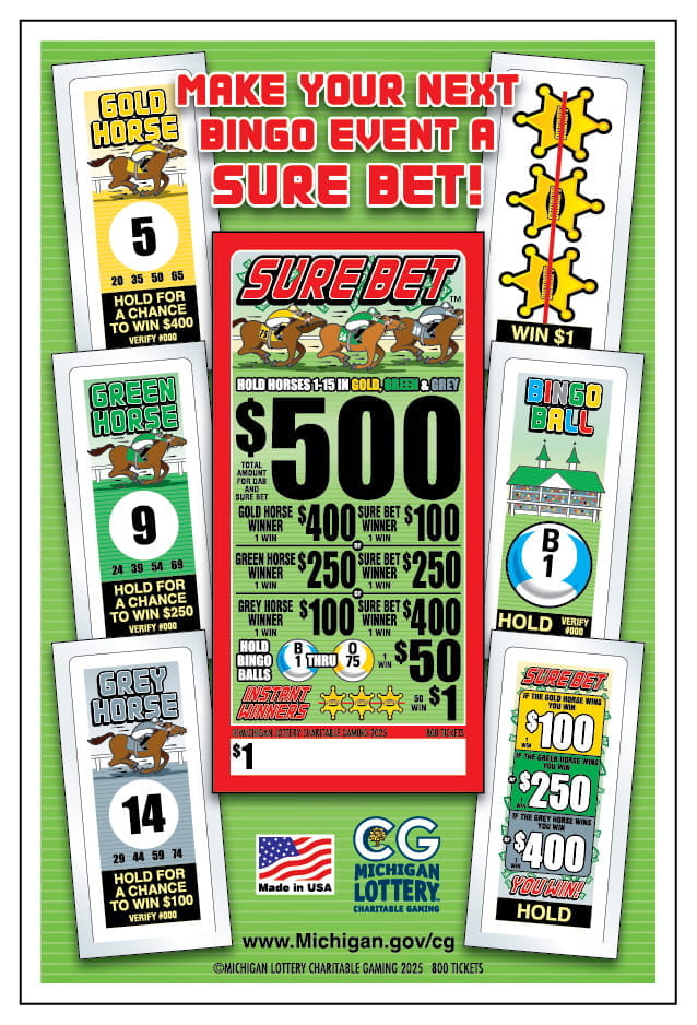 $1 Sure Bet ticket face (red outline with horses racing and a green grass color background) with hold and winning combination tickets displayed as they were on a post card front. Hold tickets include a grey, green, yellow, and teal bingo ball with number inside it.