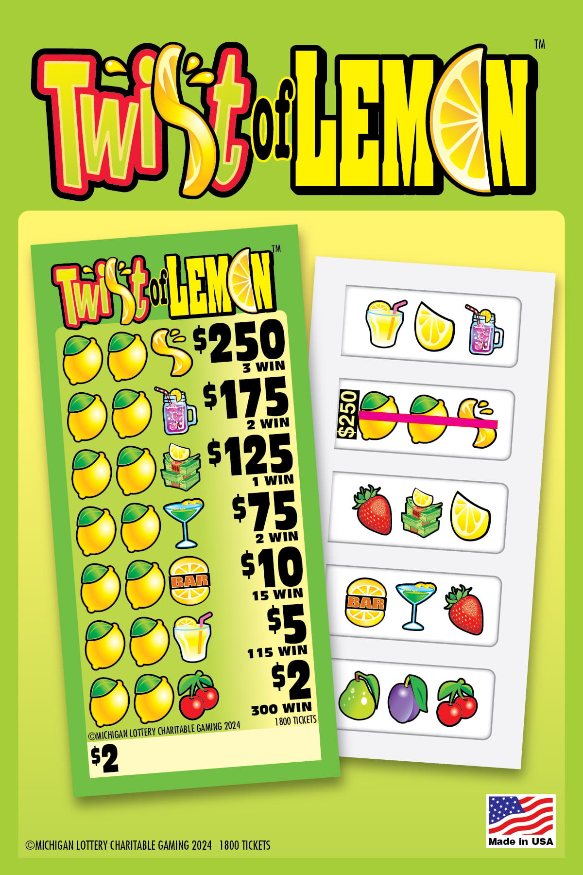Post card for $2 Twist of Lemon Charity game ticket showing front of ticket and inside of ticket
