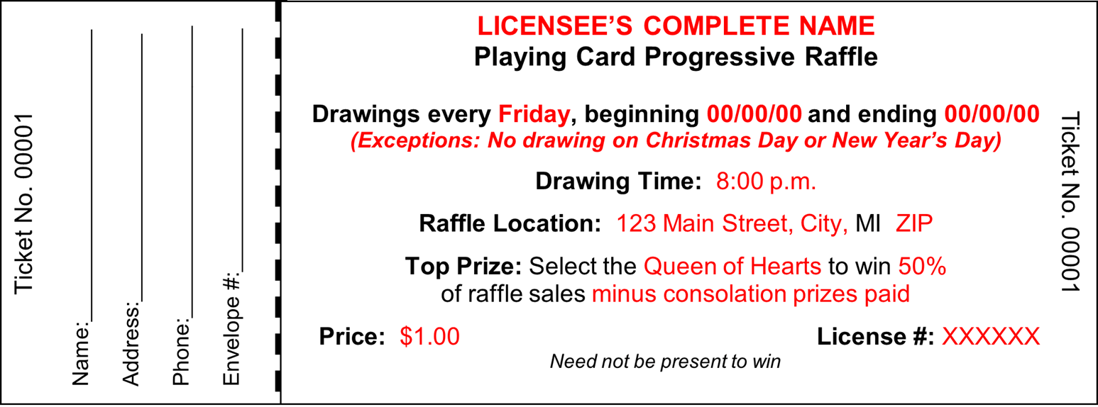 Example of a pre-sale Playing Card Progressive Raffle Ticket with required information
