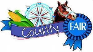 County Fair Banner with a horse and blue ribbon, Ferris wheel, and corn 