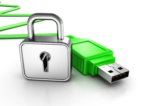 USB Security; locked and secured green USB device
