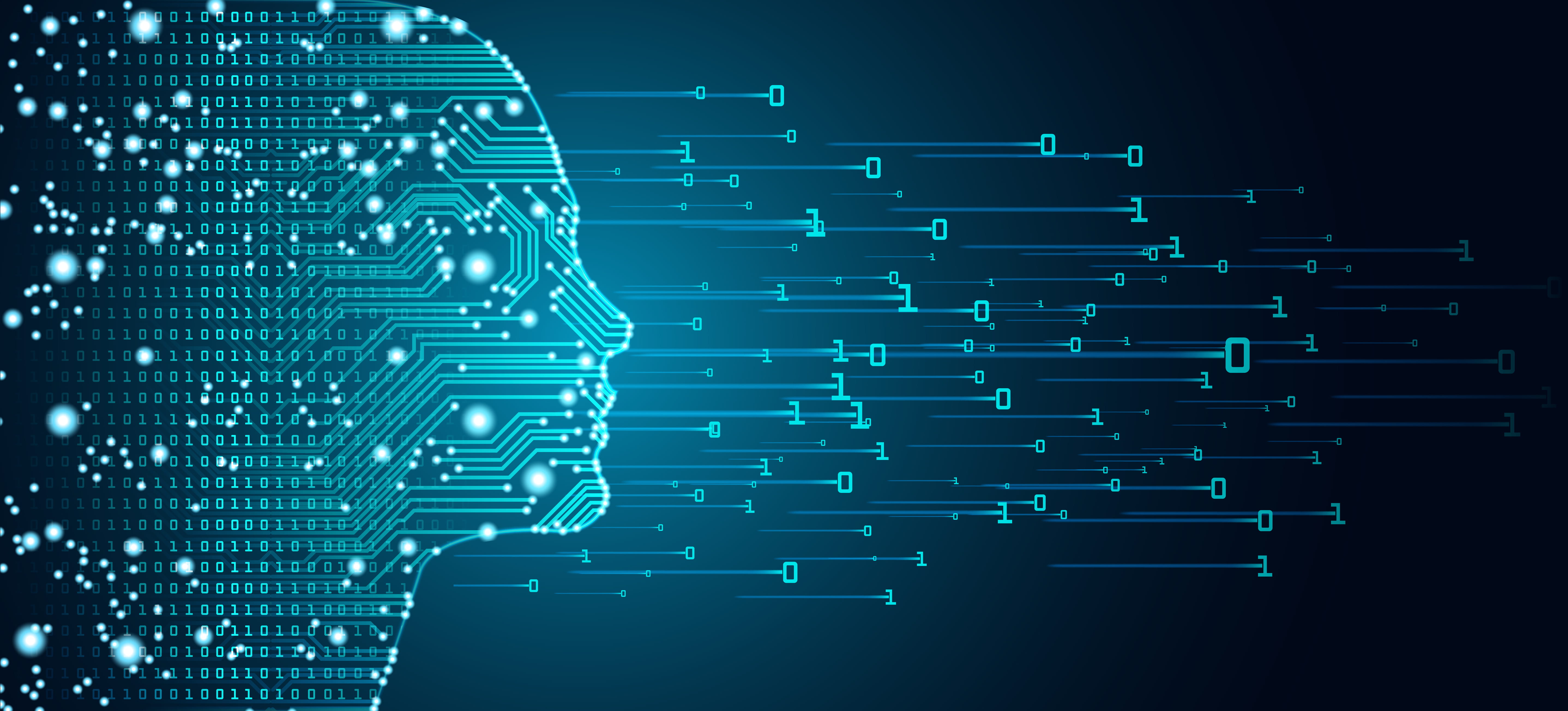 women face outline outline with circuit board and binary data flow on blue