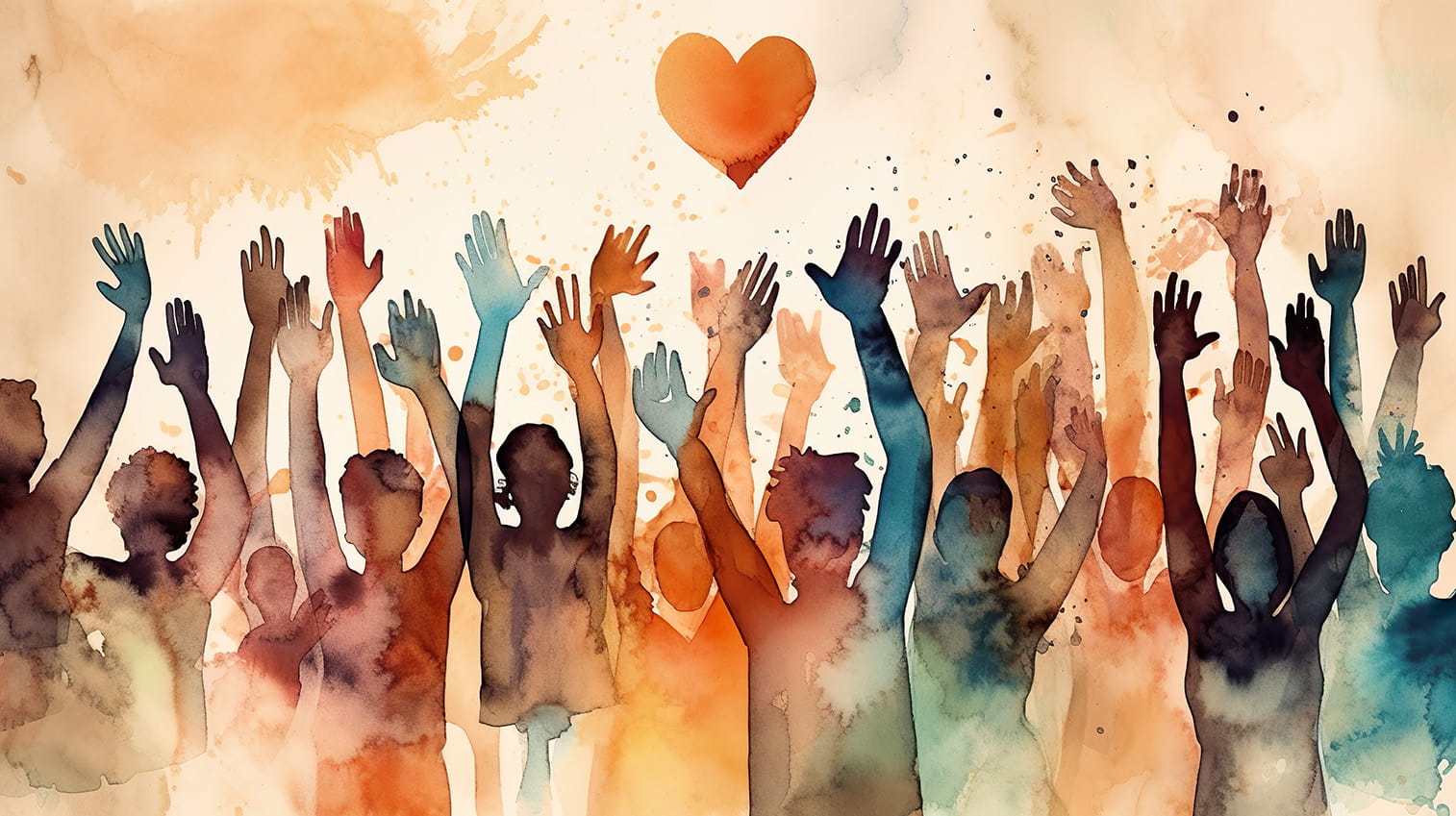 Group of diverse people with arms and hands raised towards hand painted hearts