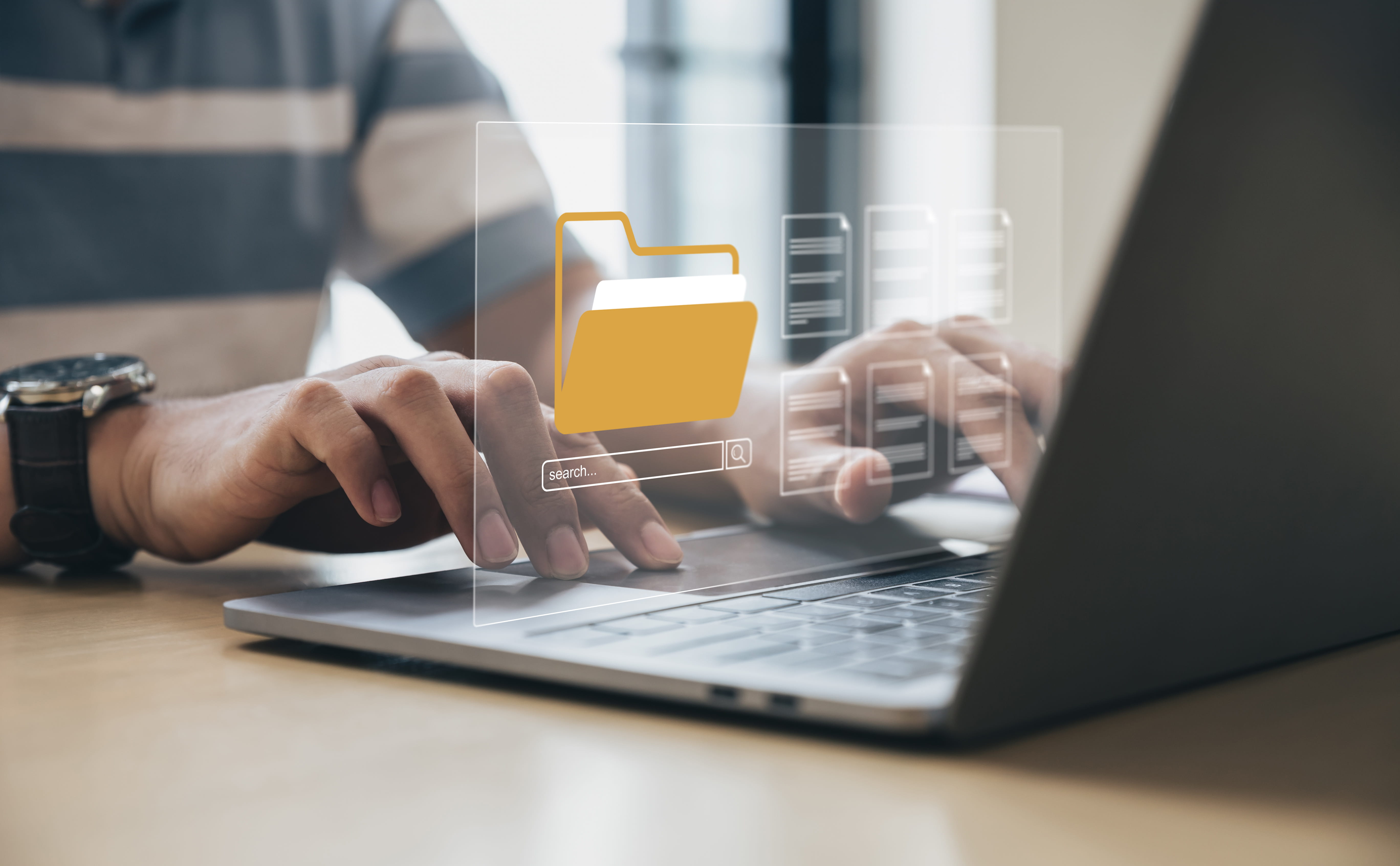 Businessman Opened computer File folder with blank documents
