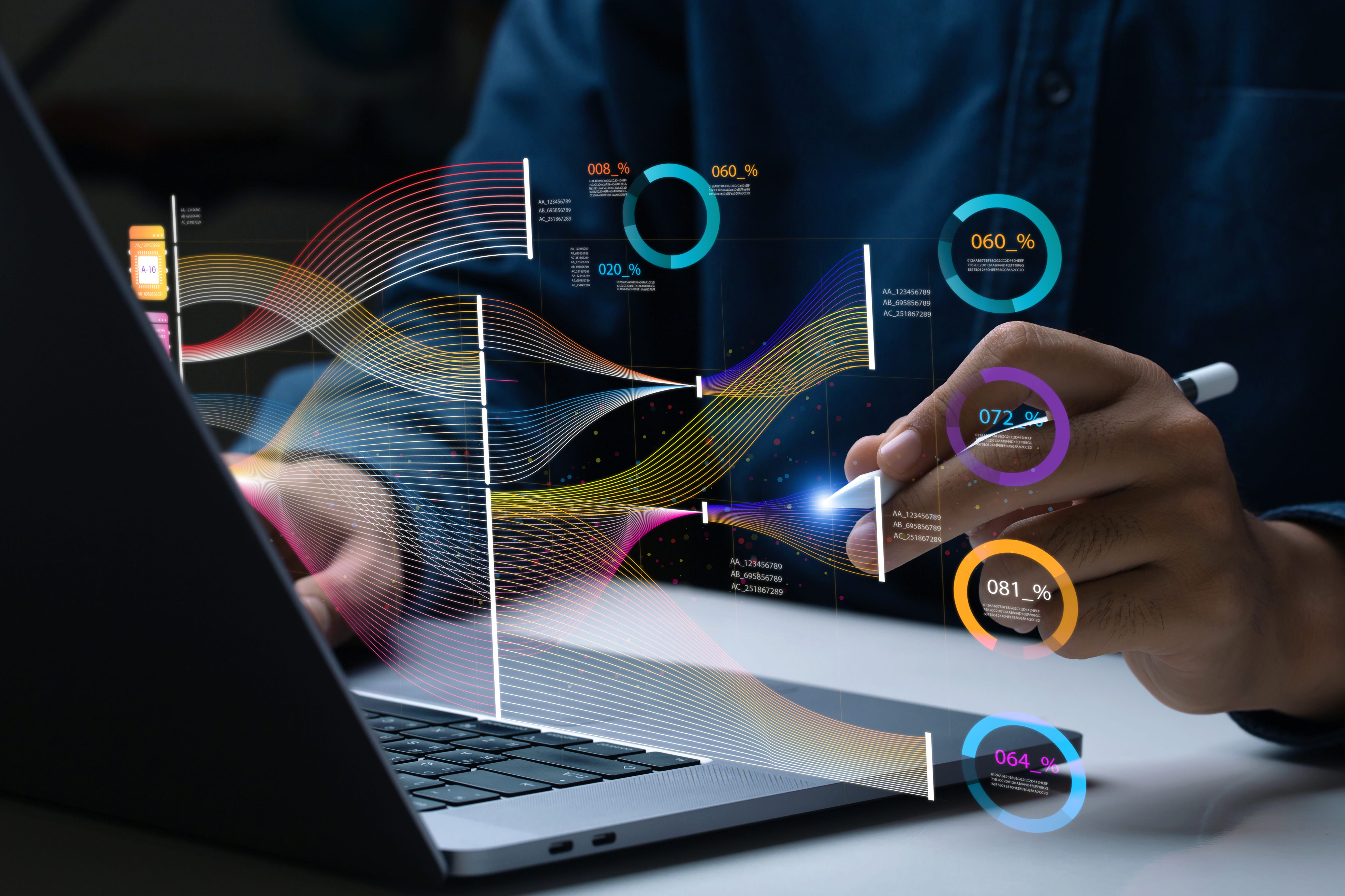 Person analyzing and visualizing complex information on a virtual screen