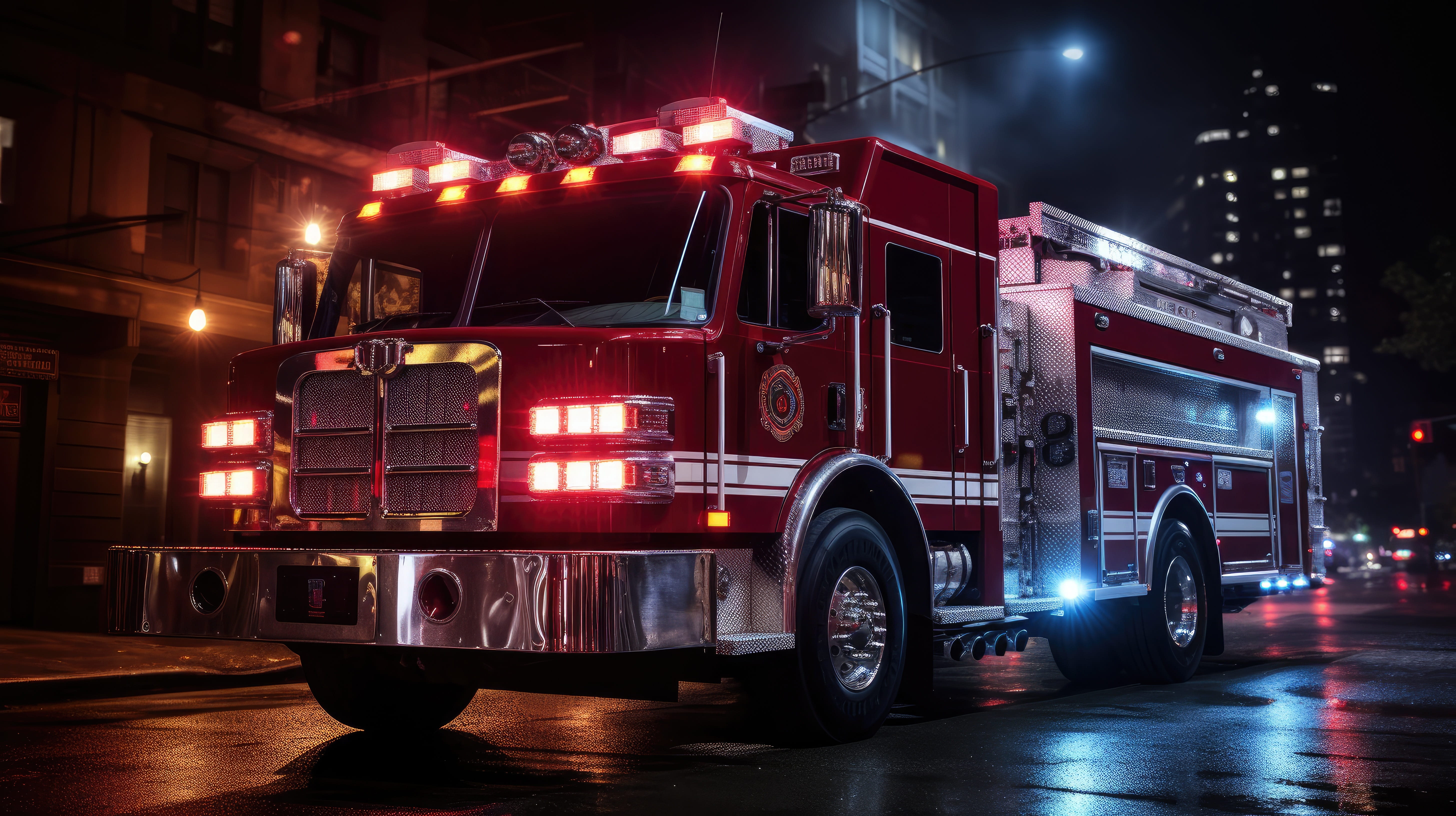 Parked fire truck on busy city street