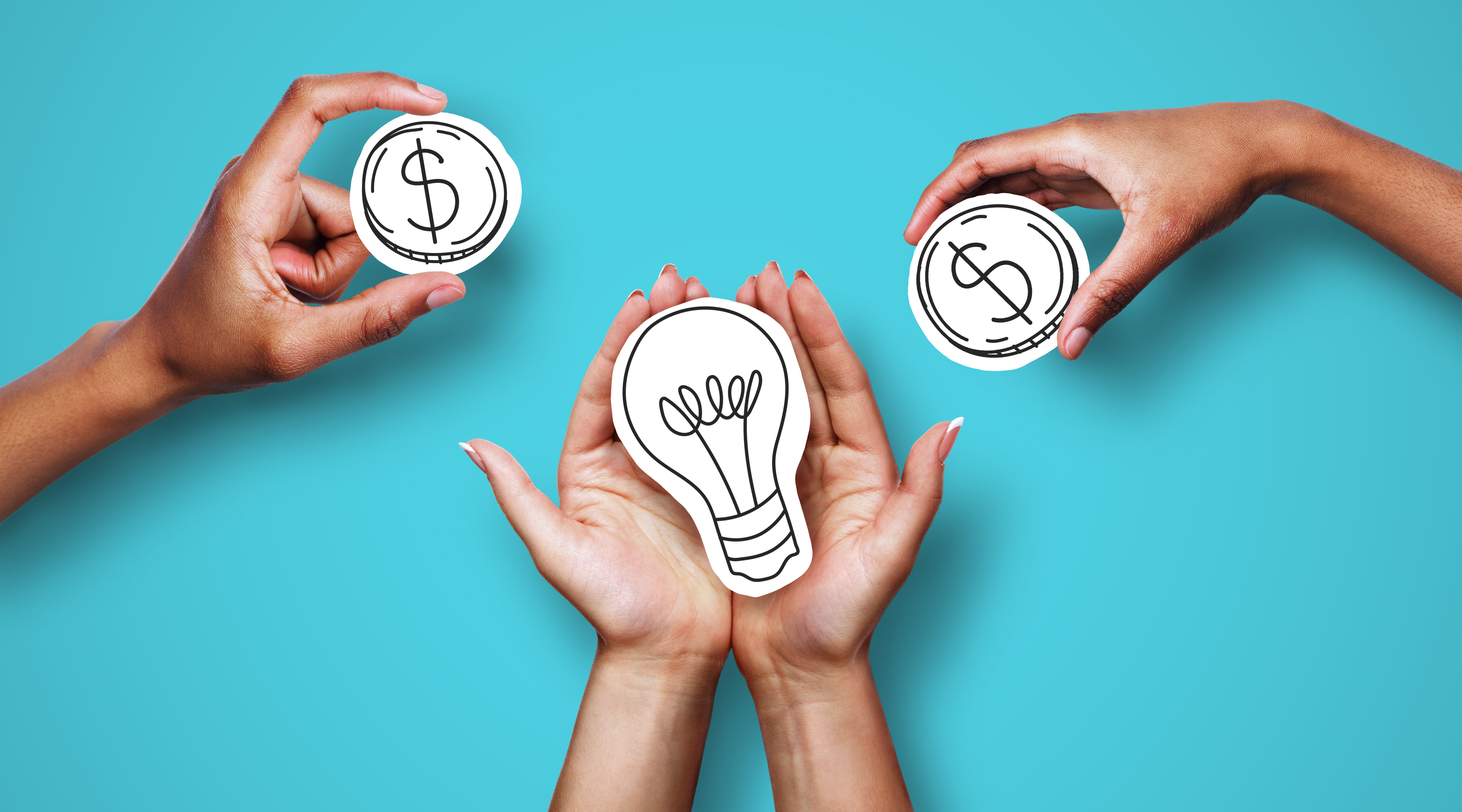 Hands holding dollar sign coins and light blub