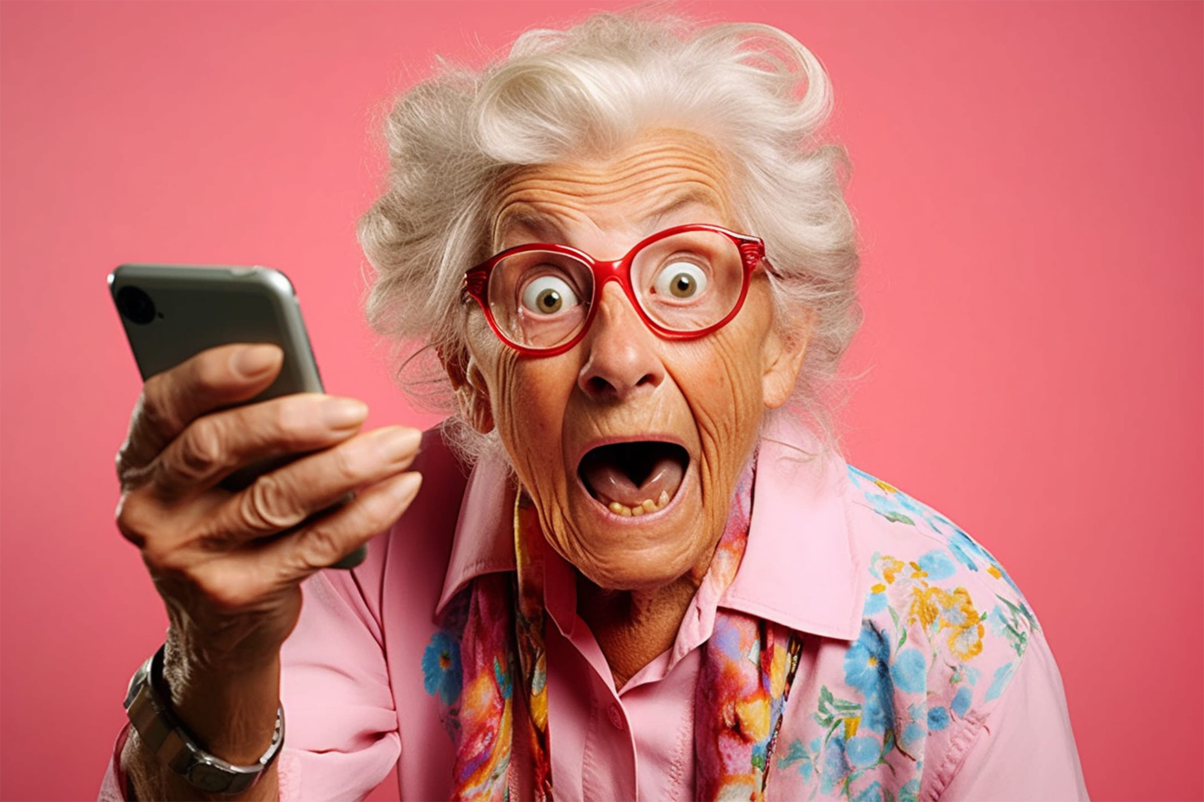 older grandmother is delighted and surprised by the mobile device