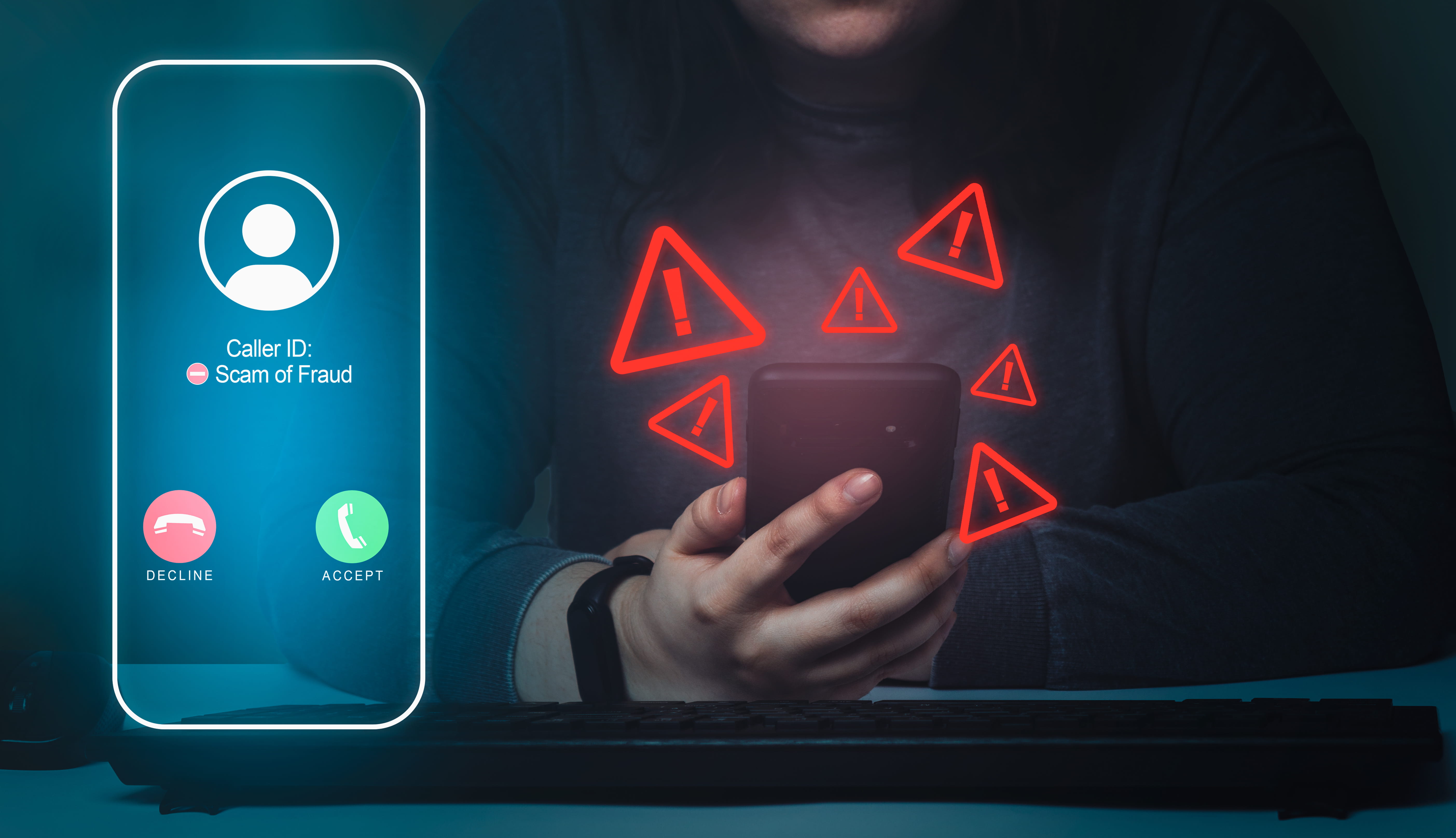 Woman receiving unwanted call on smartphone with red warning icons
