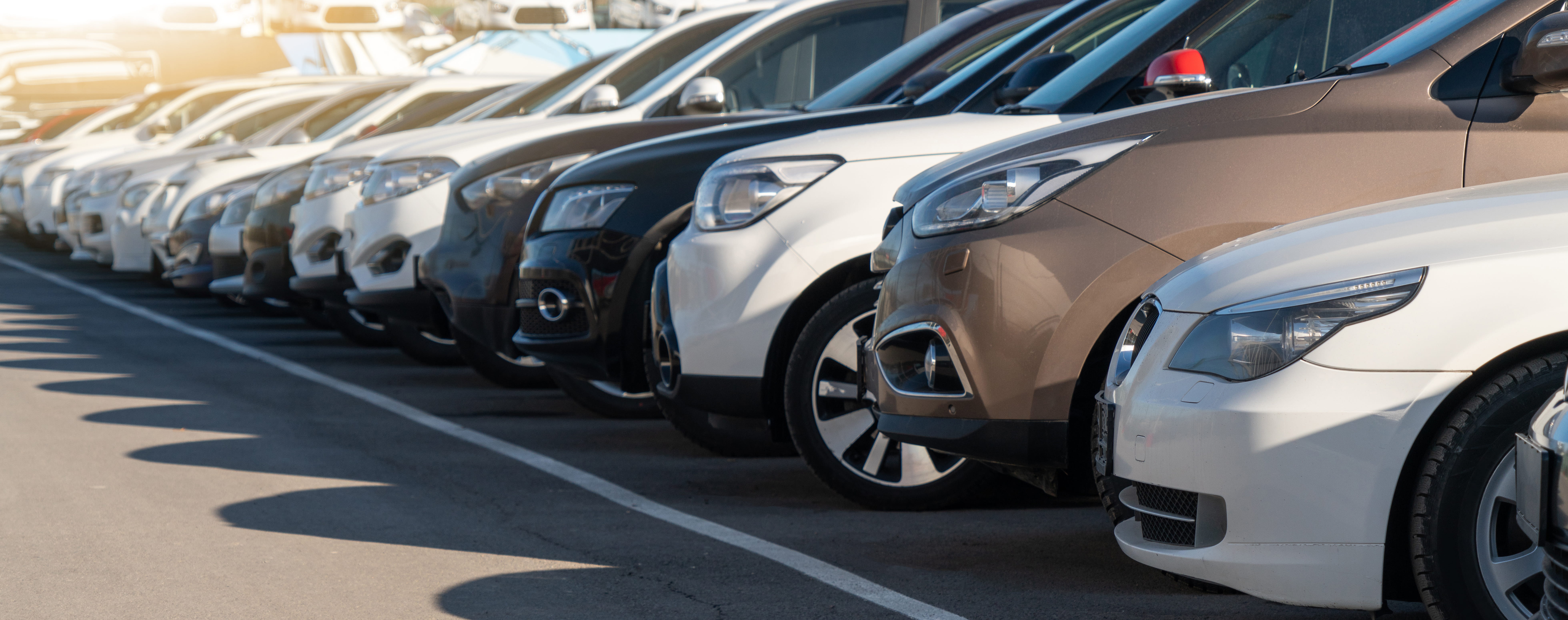 A line of used cars in a row at a dealership