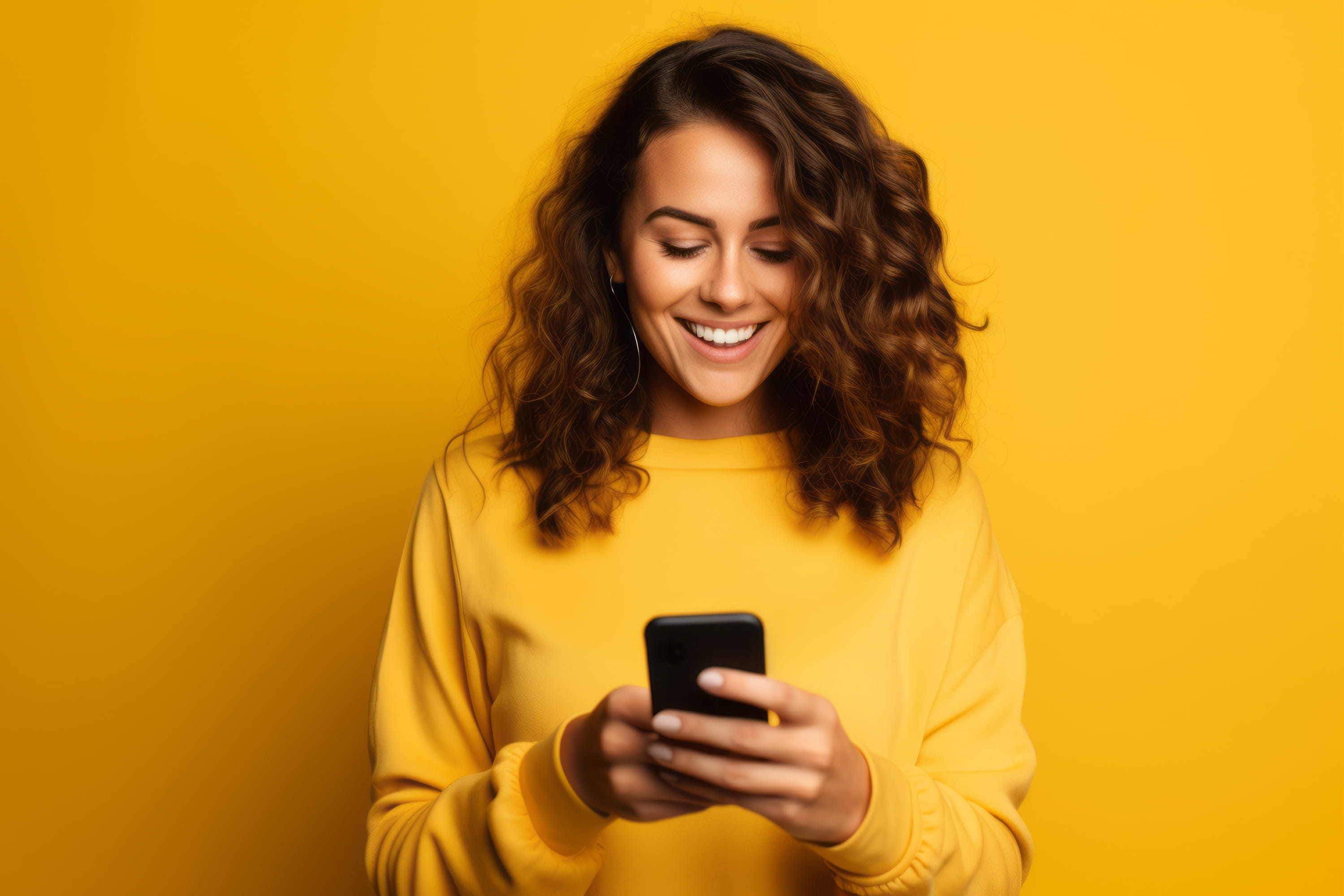 Young woman taking phone call leaning against a yellow background