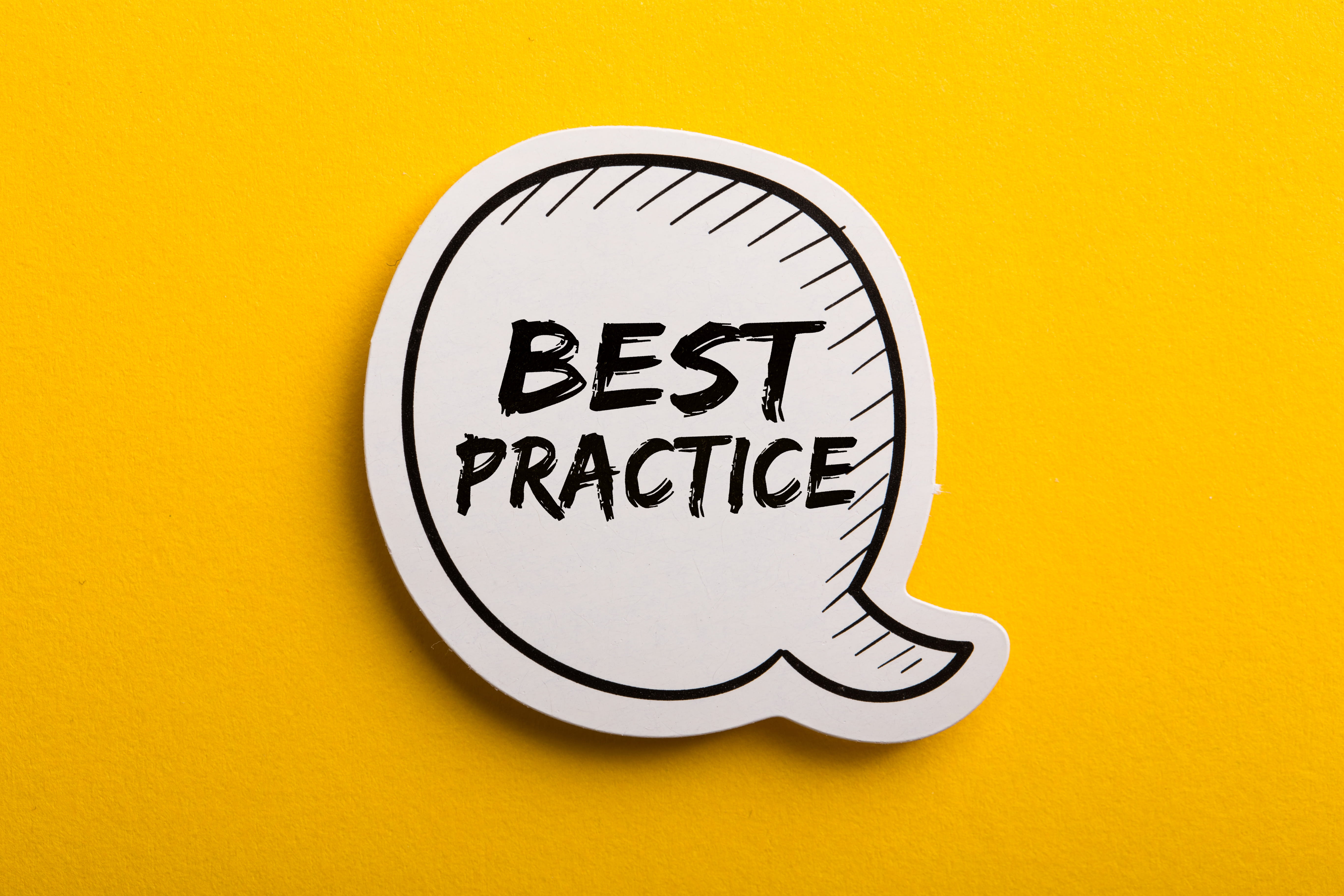 Yellow background with "Best Practice" text in white comic text bubble.