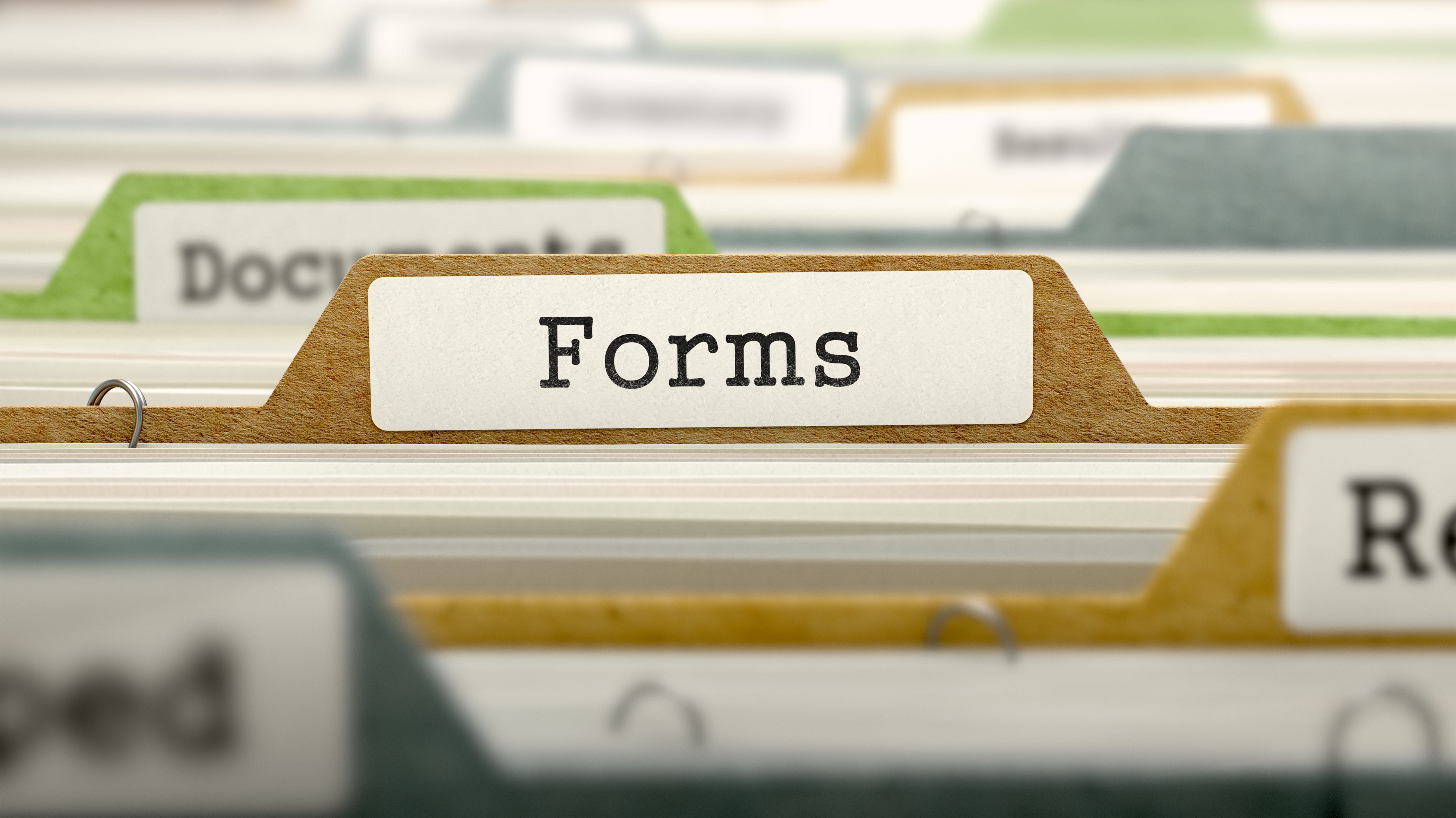 Forms on Business Folder in Multicolor Card Index. Closeup View. Blurred Image. 3D Render.