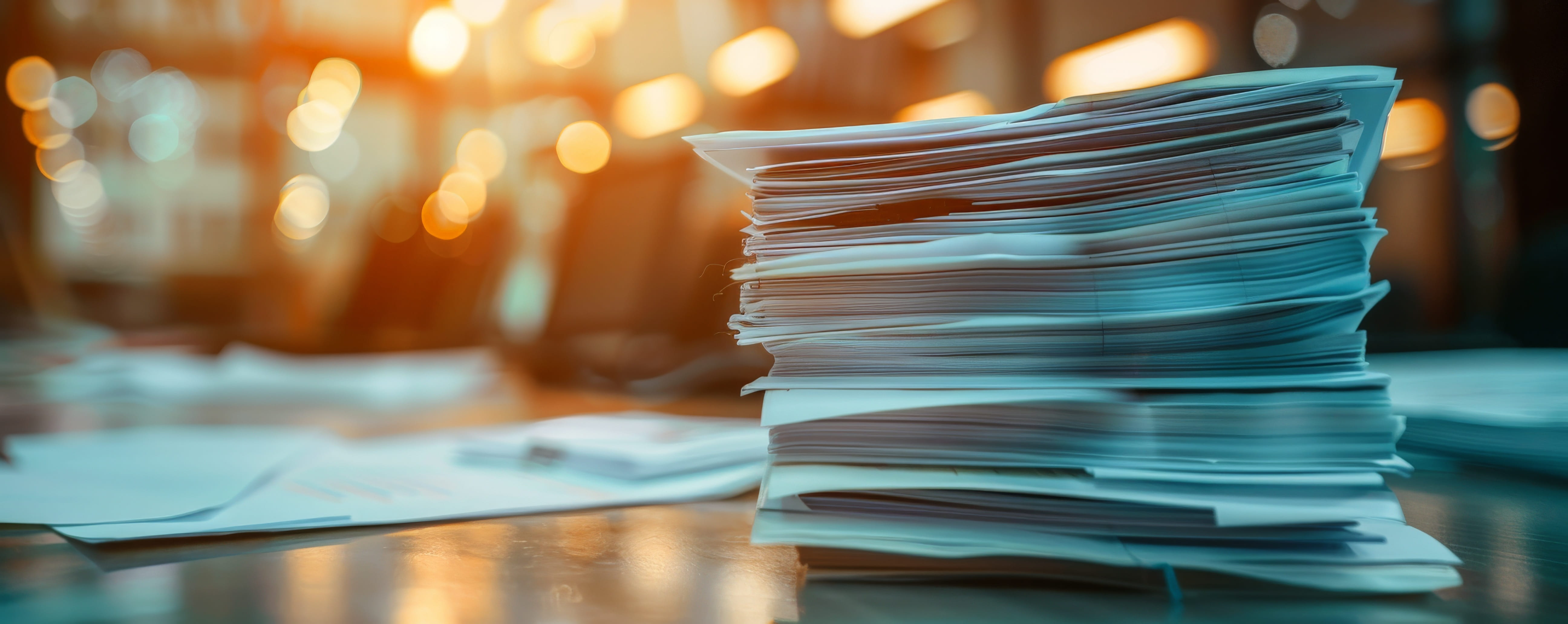 Stack of papers on a desk with blurred background.