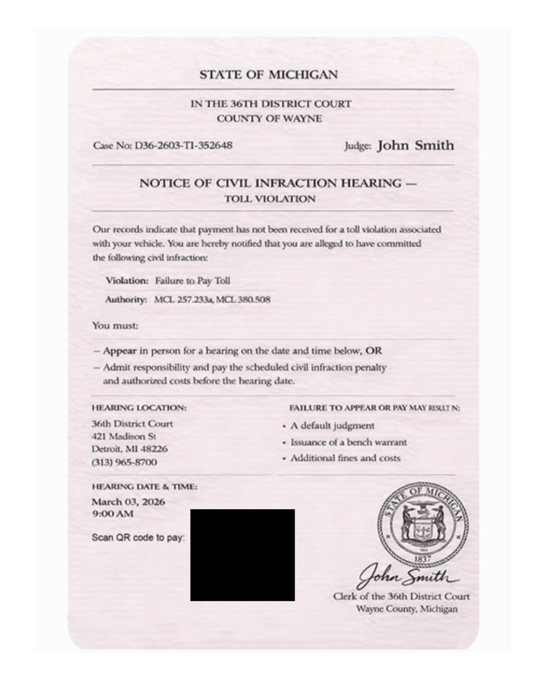 A scanned legal notice from the State of Michigan’s 36th District Court titled “Notice of Civil Infraction Hearing – Toll Violation.” It lists a case number and judge, states that payment for a toll violation has not been received, and cites the violation as “Failure to Pay Toll” under Michigan law. The notice instructs the recipient to appear in person for a hearing or pay the penalty beforehand. It includes the court’s address and phone number, warns of consequences such as default judgment or a bench warrant, and shows a hearing date of March 3, 2026, at 9:00 AM. Appearing on the right side is the Michigan state seal and the clerk’s signature.