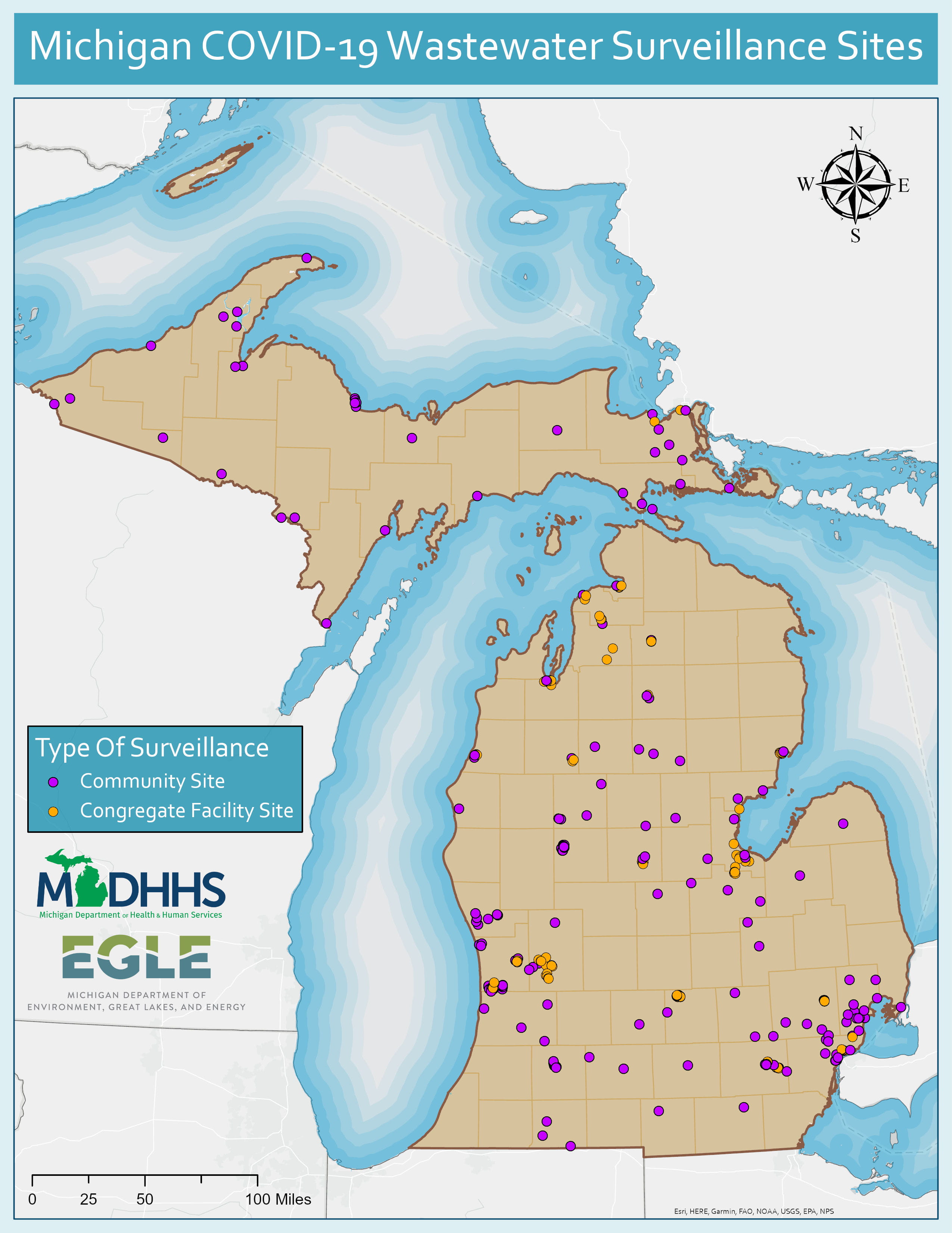 Map showing community and congregate facility wastewater network sampling sites in Michigan as of July 2021.