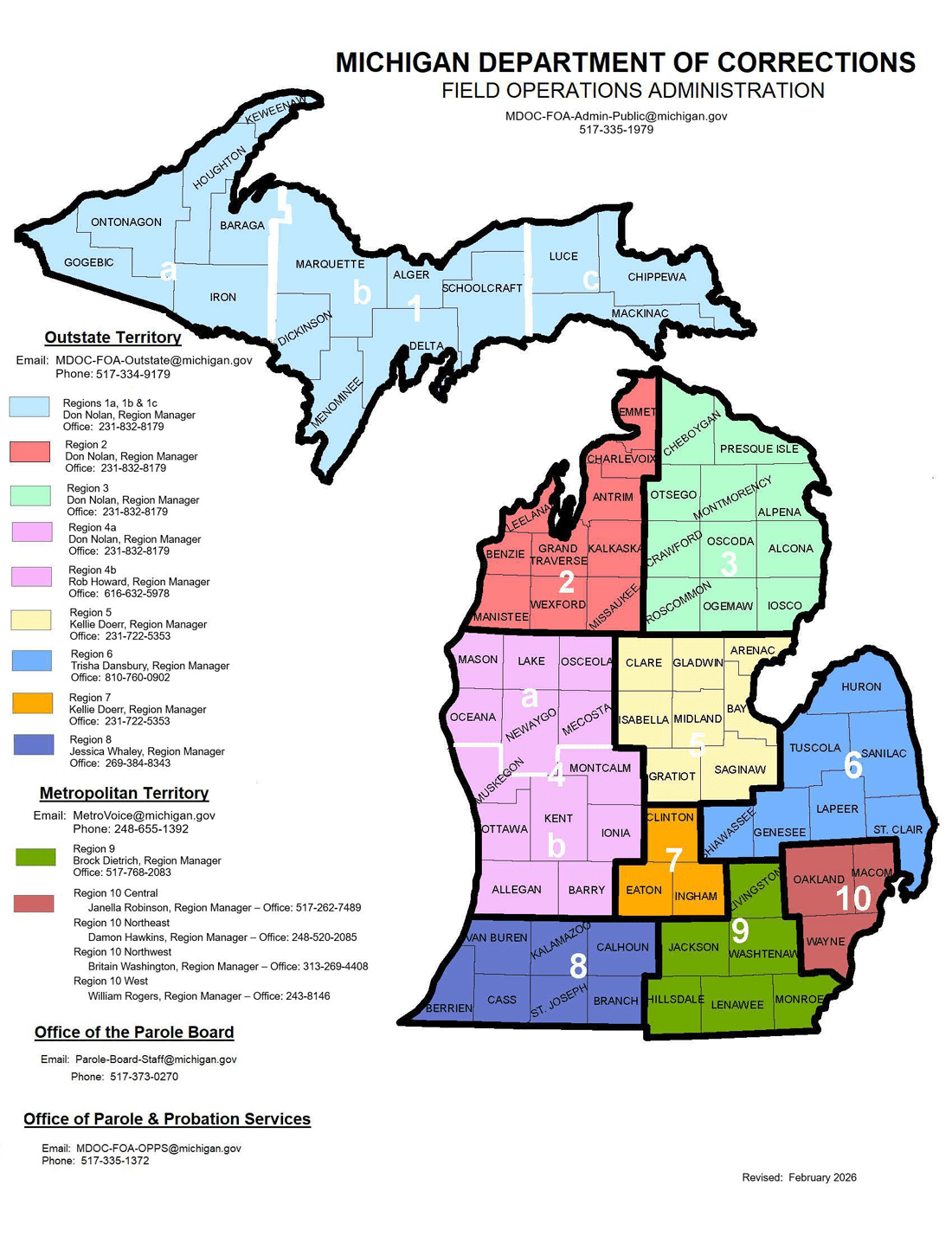Map of Michigan displaying the MDOC field operations administration office regions.