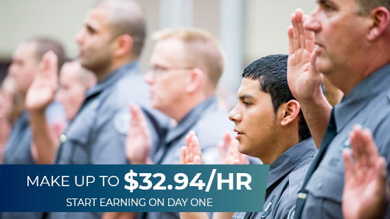 Corrections officers in their uniforms giving an oath with text saying MDOC officers can make up to $32.94 per hour start earning on day one