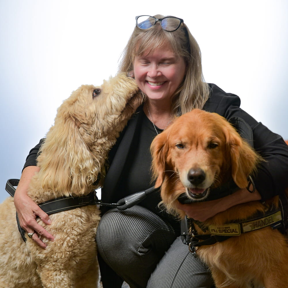 A woman with glasses on her head hugging a golden retriever and a labradoodle.