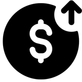 Graphic icon of a dollar sign in a dark circle with an arrow pointing up