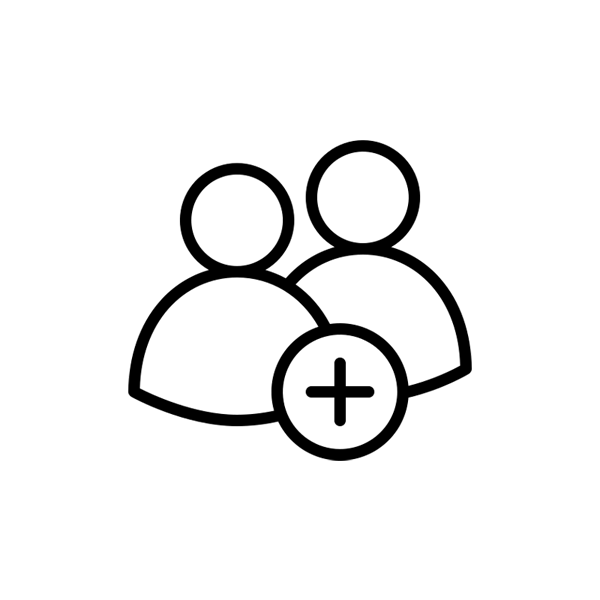 Line illustration of two human figures with a plus sign.