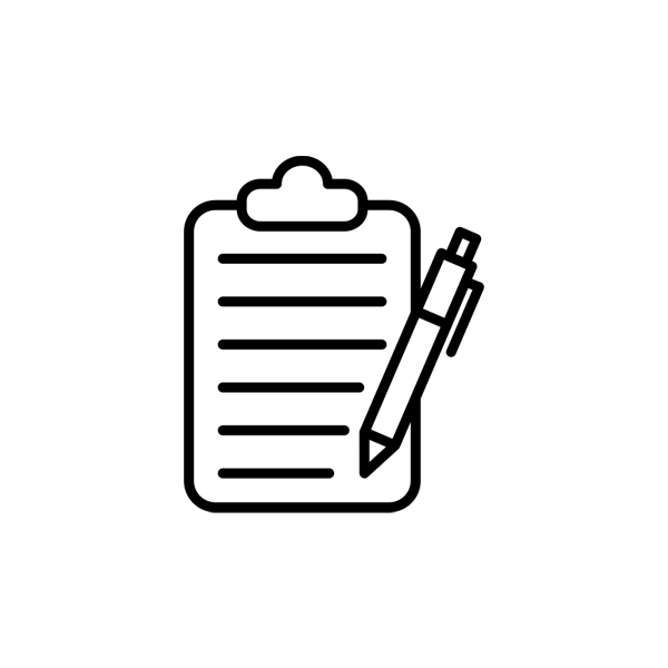 Line illustration of a clipboard and a pen.