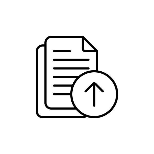 Line illustration of two sheets of paper with an arrow pointing upwards within a circle.