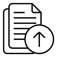 Line drawing of two sheets of paper with an arrow pointing up to denote an upload process