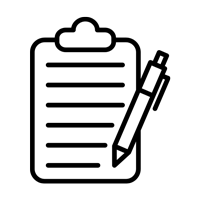 Line drawing of a form on a clipboard with a pen on top of them