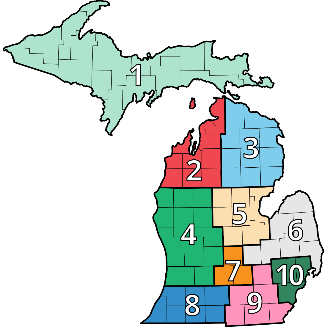 Map of Michigan to show what administrative agencies partner with the MDOC in each region of the state.