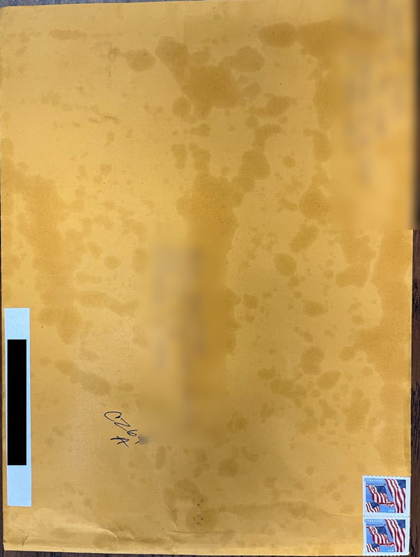 Large mailing envelope with grease-like stains on the surface.